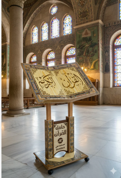 <img src="damascus-mosaic-quran-stand-large.jpg" alt="حامل القرآن الكريم بالموزاييك الدمشقي الحجم الكبير من سندس خشب طبيعي بعجلات سفلية لمصحف 50×35 سم" />
